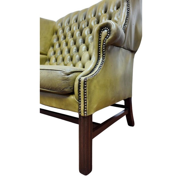 Mid 20th Century Vintage Olive Green Tufted Leather Wingback Settee With Nailhead Trim For Sale In Charleston - Image 6 of 12