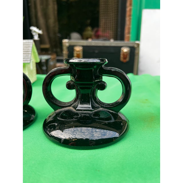 Mid-Century Modern Black Milk Glass Pair of Candleholders For Sale - Image 3 of 11