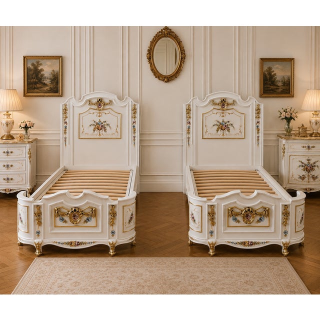 Wood 1950 French Louis XVI White Gold Wood Twin Bedframes - Pair For Sale - Image 7 of 14