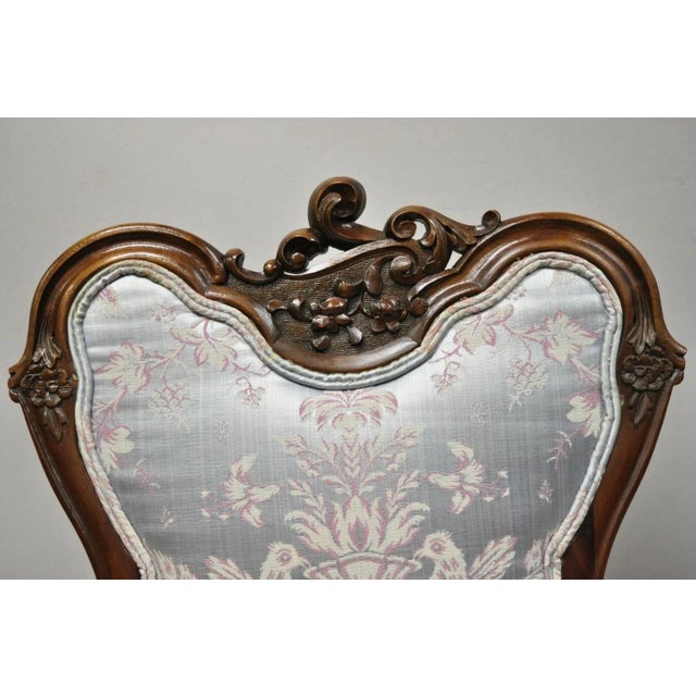 Victorian Early 20th Century Victorian Floral Scrollwork Carved Mahogany Parlor Slipper Side Chairs - A Pair For Sale - Image 3 of 11