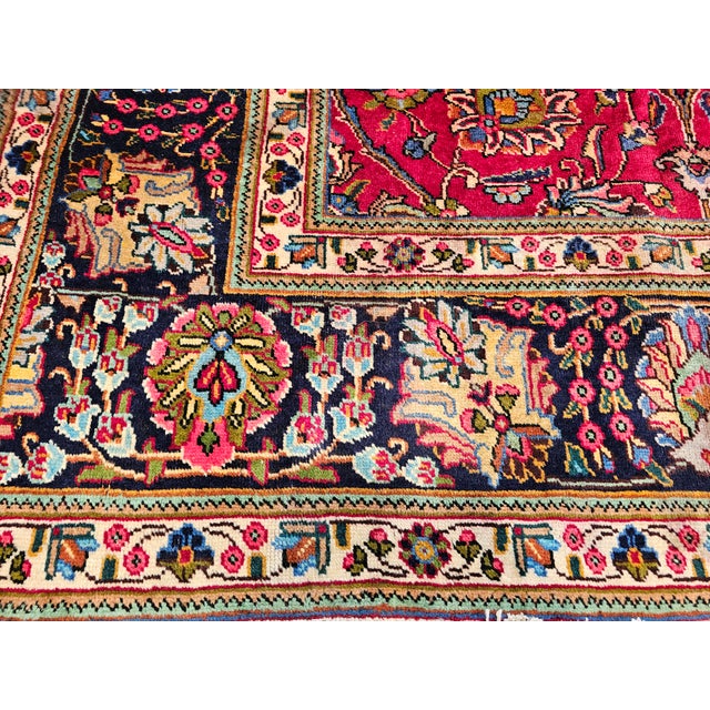 Red Vintage Persian Tabriz Room Size Rug in Allover Floral Pattern in Red, Navy, Turquoise, Green For Sale - Image 8 of 12