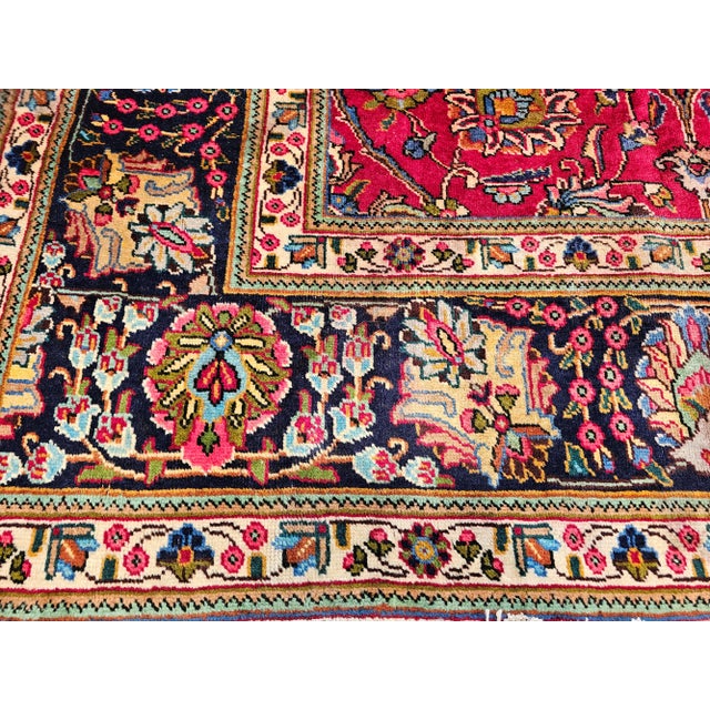 Red Vintage Tabriz Room Size Rug in Allover Floral Pattern in Red, Navy, Turquoise, Green For Sale - Image 8 of 12