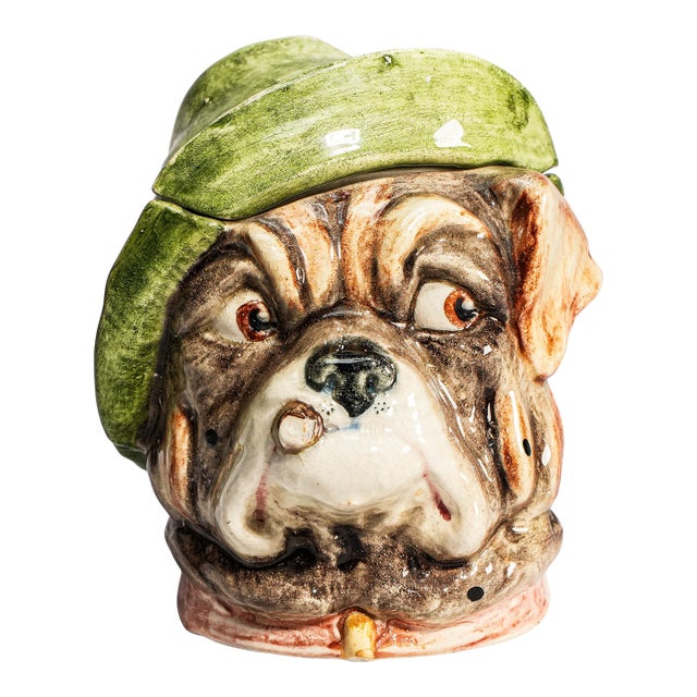 Wonderful Antique Bulldog Humidor Jar Ceramic Figural Tobacco Jar English Dog Head Lidded Jar Vintage Tobacciana For Sale