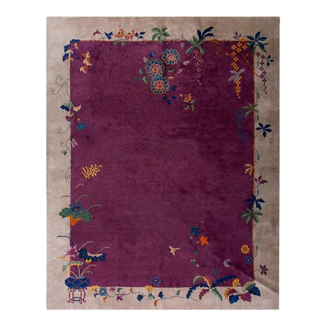 1920s Purple Flora Modern Antique Chinese Art Deco Rug 9' X 11'8" Handknotted Wool Carpet For Sale