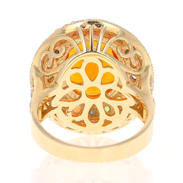 5.14 Carat Natural Fire Opal Sapphire and Diamond Yellow Gold Cocktail Ring Size 7 For Sale In Los Angeles - Image 6 of 8