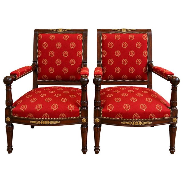 Red Empire Mahogany Armchairs with Napoleonic Emblems, 19th Century, Set of 2 For Sale - Image 8 of 8