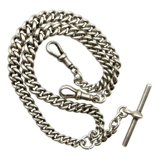 1920s Art Deco Sterling Silver Graduated Curb Link Watch Chain For Sale