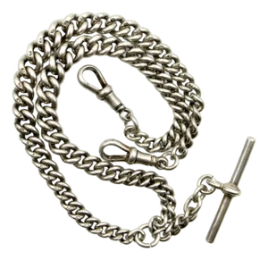 1920s Art Deco Sterling Silver Graduated Curb Link Watch Chain