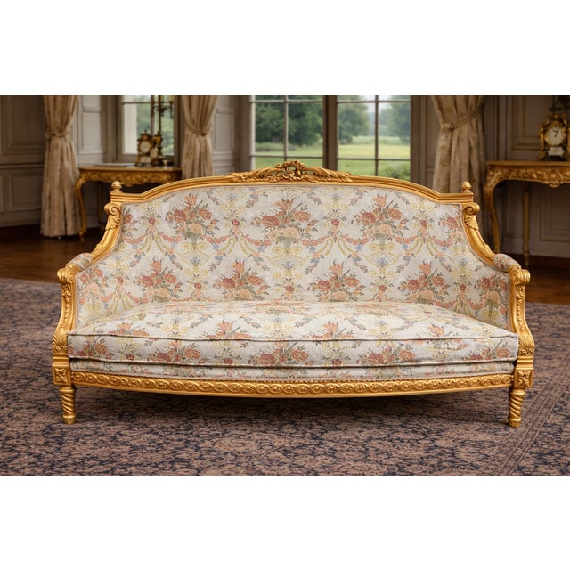1980s 1980 French Louis XVI Gold Beech Damask Settee For Sale - Image 5 of 5