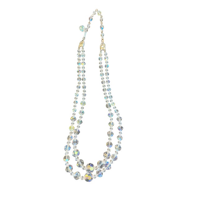 Mid-Century Modern Vintage 1950’s Estate Aurora Borealis Double Strand Necklace For Sale - Image 3 of 7