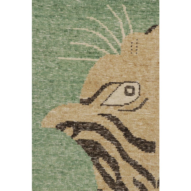 Rug & Kilim’s Distressed Tiger Rug in Green With Beige and Black Pictorial For Sale In New York - Image 6 of 7