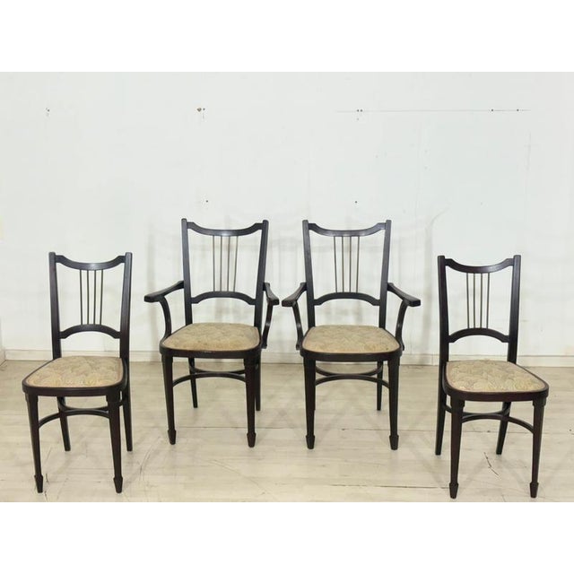 Wood Viennese Art Nouveau Dining Chairs with Brass Backrests from Thonet, 1900s, Set of 4 For Sale - Image 7 of 17