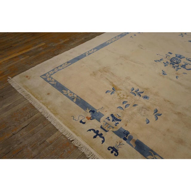 Textile 1920s Tan Sand Vase Floral Vintage Chinese Peking Carpet 8' '' X 9' 8'' Wool Knotted Rug For Sale - Image 7 of 12