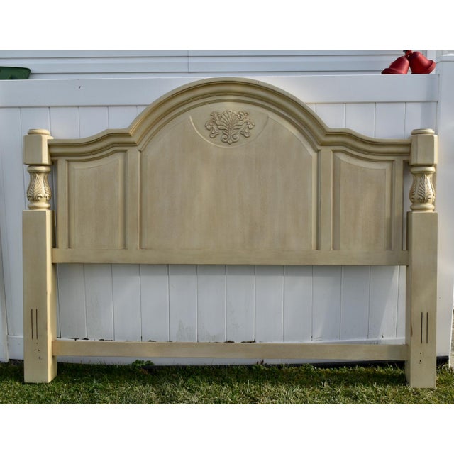 Vintage Wood King Headboard Venetian Poster Carved Cream Off White Provincial For Sale - Image 4 of 13