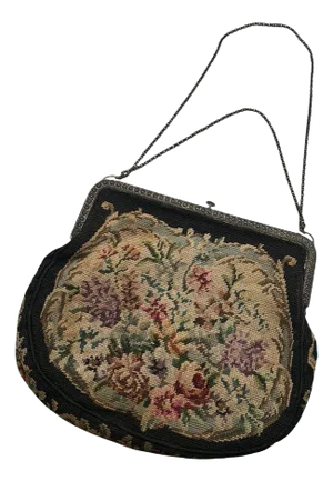 1940s Petit Needlepoint Tapestry Floral Embroidered Purse with Ornate Silver Clasps