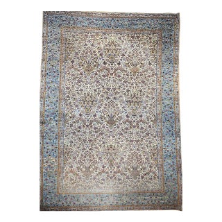 Vintage Oversized Persian Kerman Lavar Rug, Hand-Knotted Wool, Allover Vase Pattern, Ivory & Blue, 11’ X 19’ For Sale