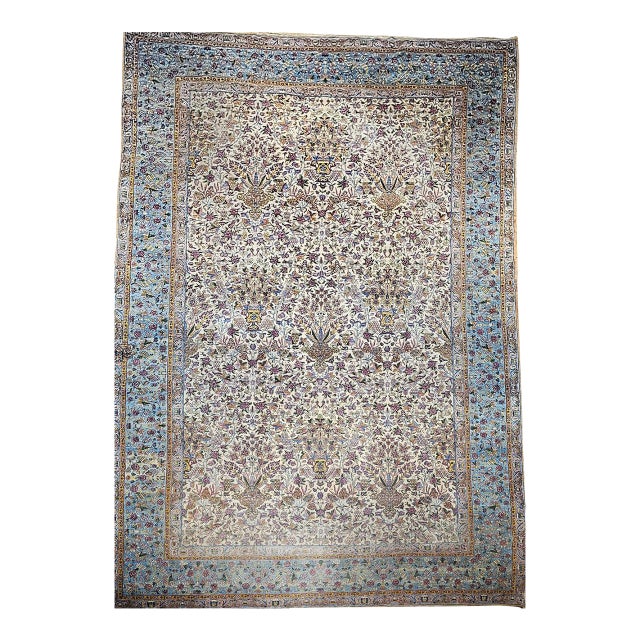 Vintage Oversized Persian Kerman Lavar Rug, Hand-Knotted Wool, Allover Vase Pattern, Ivory & Blue, 11’ X 19’ For Sale