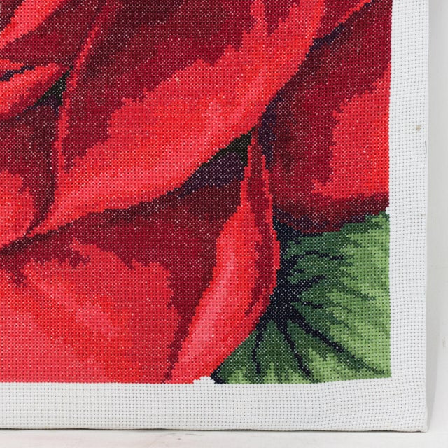 Textile Vintage Floral Needlepoint Textile Art – Bold Red Rose Blossom and Botanical Leaf Motif For Sale - Image 7 of 9