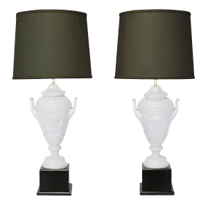White Porcelain Urn Table Lamps With Male and Female Busts in Relief - a Pair