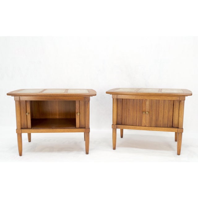 Mid-Century Modern Pair Tomlinson Tambour Door Fossil Marble Top Side End Night Stands Tables Mint! For Sale - Image 3 of 14