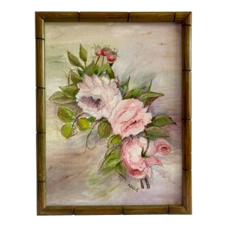 Mid 20th Century Boho Chic Still Life of Pink Roses in Faux Bamboo Frame, Signed by Artist For Sale