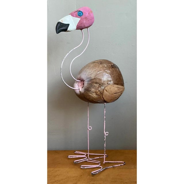 Vintage Coconut and Metal Flamingo Sculpture For Sale In West Palm - Image 6 of 12