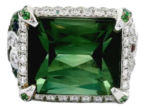 Tourmaline Diamond Ruby Tsavorite Sapphire 18k White Gold Cocktail Ring, Size 6