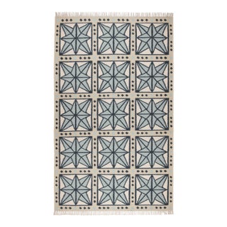 Part & Parcel Goods Wool Star Rug, 5' x 8', Celadon, Navy, Sky Blue and Eggshell For Sale