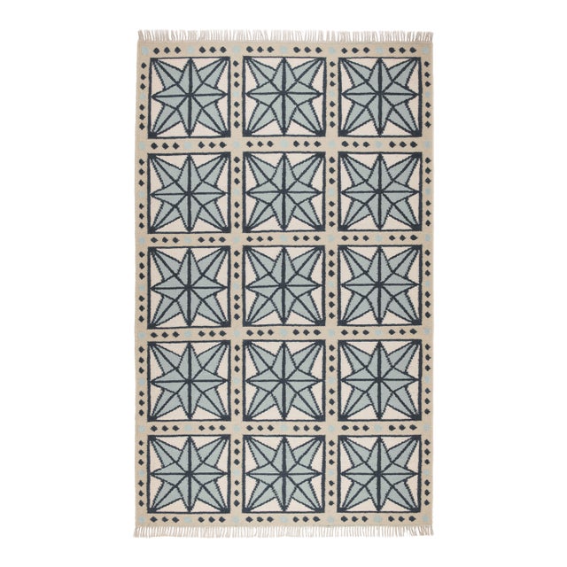 Part & Parcel Goods Wool Star Rug, 5' x 8', Celadon, Navy, Sky Blue and Eggshell For Sale