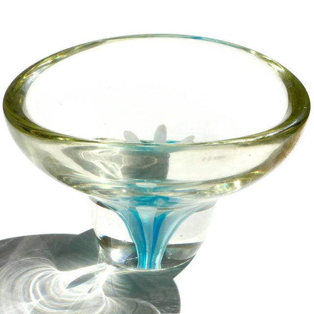 Mid 20th Century Vintage Murano Fratelli Toso Yellow Blue Italian Art Glass Flower Design Paperweight Bowls Catchalls - A Pair For Sale - Image 5 of 9