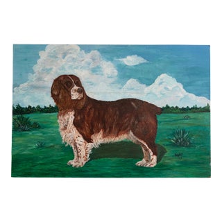 Large Vintage Folk Art Dog Portrait – Oil on Panel, Signed K. Hines 1970 For Sale