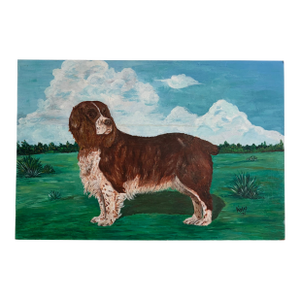 Large Vintage Folk Art Dog Portrait – Oil on Panel, Signed K. Hines 1970