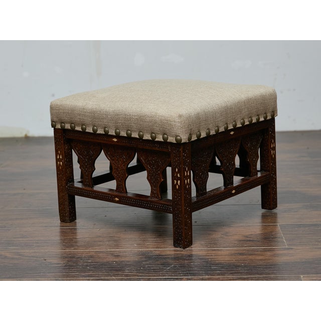 Antique Moroccan Hand-Carved Stool with Custom Linen Upholstery, Circa 1900 For Sale In Atlanta - Image 6 of 12