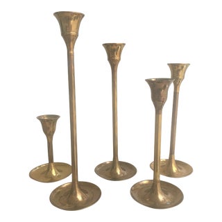 Vintage Brass Graduated Tulip Style Candle Holders - Set of 5 For Sale