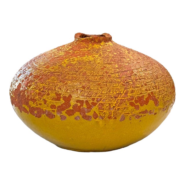 1960s Large Terra Cotta Vessel With Mottled Mustard Glaze For Sale