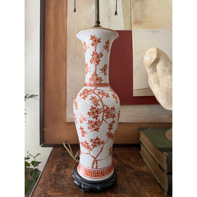 Vintage Chinoiserie Cherry Blossom Bird Table Lamp, Cinnamon and White Asian Floral Ceramic Lamp For Sale - Image 4 of 11