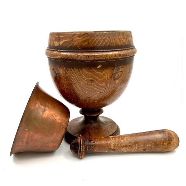 Wood Early 19thC Tiger Oak and Copper Lined Jumbo Footed Primitive Industrial Apothecary Mortar and Pestle or Planter For Sale - Image 7 of 12