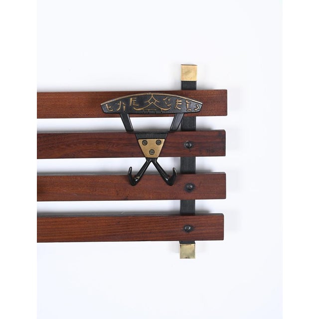 Italian Coat Rack in Teak, Brass and Black Enameled Iron, Italy, 1960s For Sale - Image 12 of 17