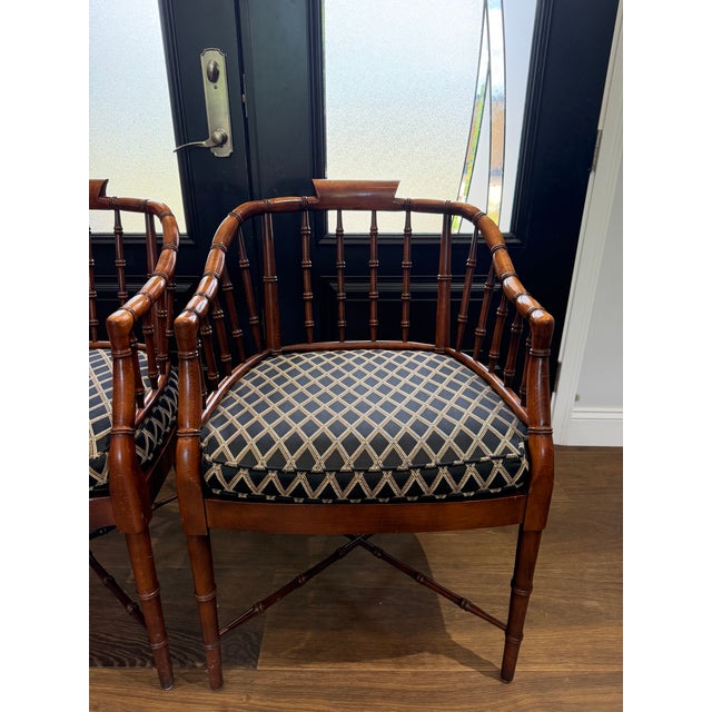 Mid-Century Modern Pair of Baker Furniture Attributed Faux Bamboo Barrel Back Armchairs With Original Cane Seats & Cushions For Sale - Image 3 of 18