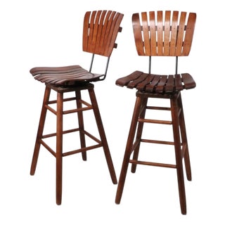 Pair Mid Century Wood Slat Swivel Bar Height Stools by Arthur Umanoff For Sale