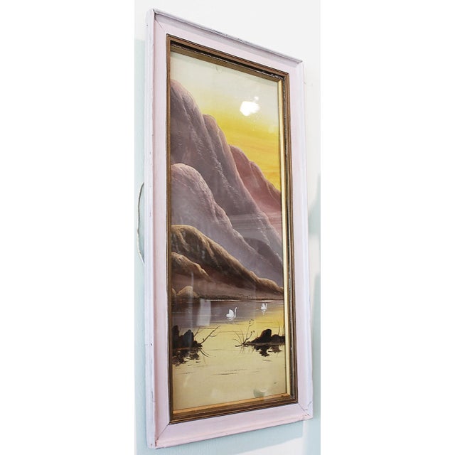 Here is a serene mountain lake scene in the Japanese minimalist style. It is painted in pastels and is under glass. Newly...