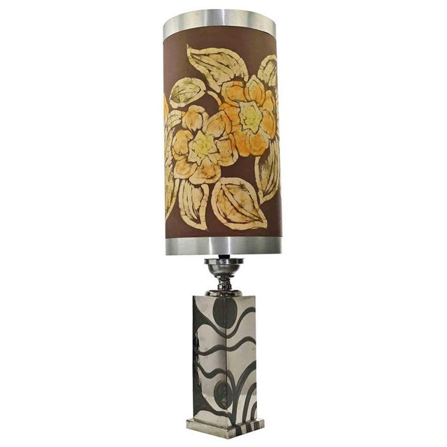 Mid-Century Table Lamp with Hand-Painted Cylindrical Shade, Italy, 1970s For Sale - Image 9 of 9