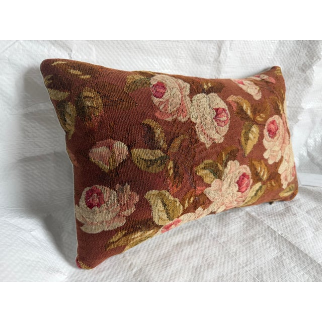 Antique French Aubusson Rose Tapestry Pillow, Circa 1850s For Sale - Image 4 of 7