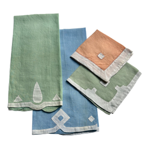 Assorted Set of 4 Mid Century Green, Blue & White Decorated Linen Hand Towels