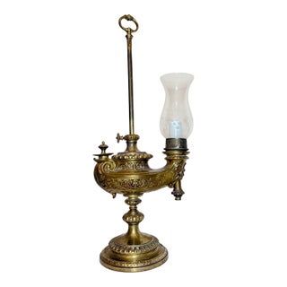 Antique Ornate Wild & Wessel Bronze Glass Harvard Electric Student Desk Lamp For Sale