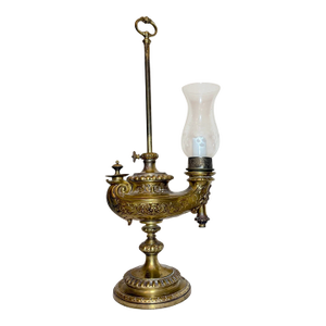 Antique Ornate Wild & Wessel Bronze Glass Harvard Electric Student Desk Lamp