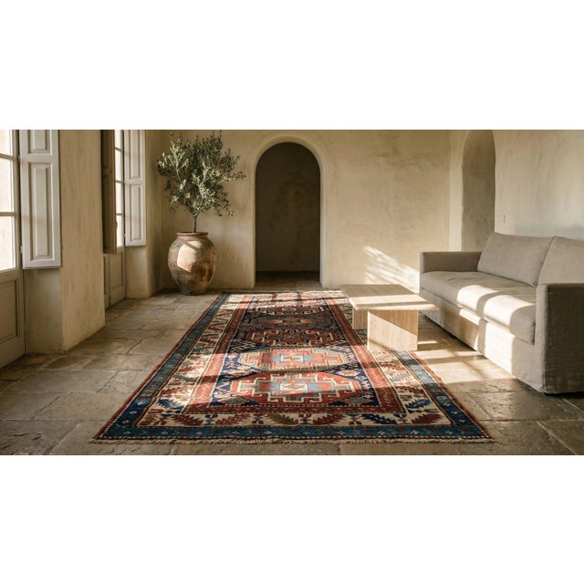 Textile 1900s Blue Navy Medallion Antique Caucasian Moghan Rug 3'7" X 9'3" Handknotted Wool Carpet For Sale - Image 7 of 8