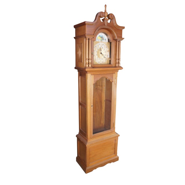 Chippendale Vintage German Oak Colonial Style Moon Sun Face Grandfather Clock Case For Sale - Image 3 of 11