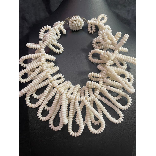 1950s MCM Jewelry by Anna Lang. Necklace Is Signed Langanni Milk Glass Multi Layer Bib Statement Necklace (With Hidden Pearl). For Sale - Image 5 of 5