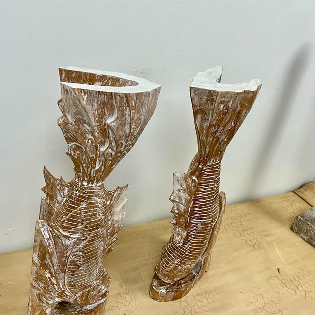 Coastal Pair of 1980s Hand-Carved Pine Fish Sculptural Bases or Console Supports, 28.5 For Sale - Image 3 of 9